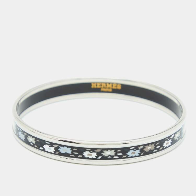 Pre Owned Hermes Printed Enamel Palladium Plated Bangle Bracelet