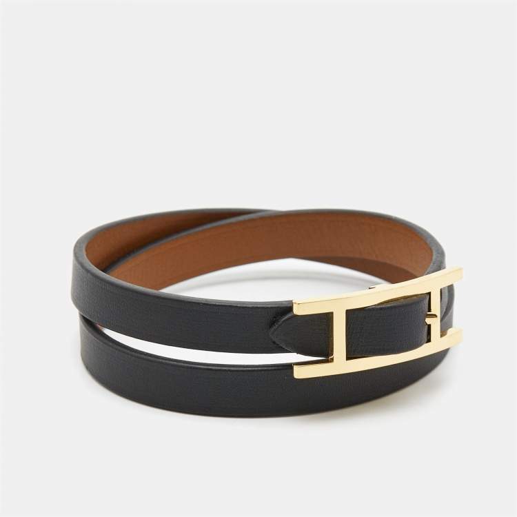 Pre Owned Hermes Behapi Black Leather Gold Plated Double Tour Reversible Bracelet 