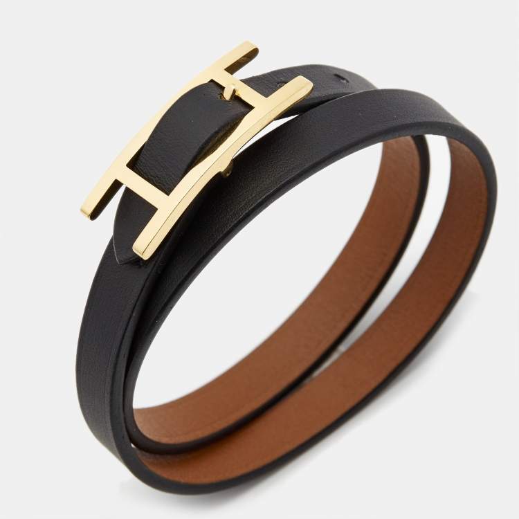 Pre Owned Hermes Behapi Black Leather Gold Plated Double Tour Reversible Bracelet 