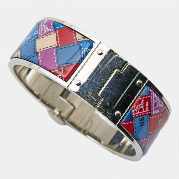 Pre Owned Hermes Multicolor Enamel Palladium Plated Hinged Bangle Bracelet