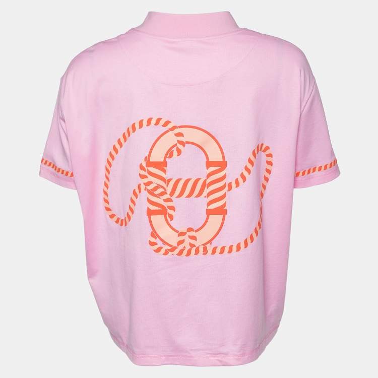 Pre Owned Hermes Pink Printed Cotton Knit High Neck T-Shirt S