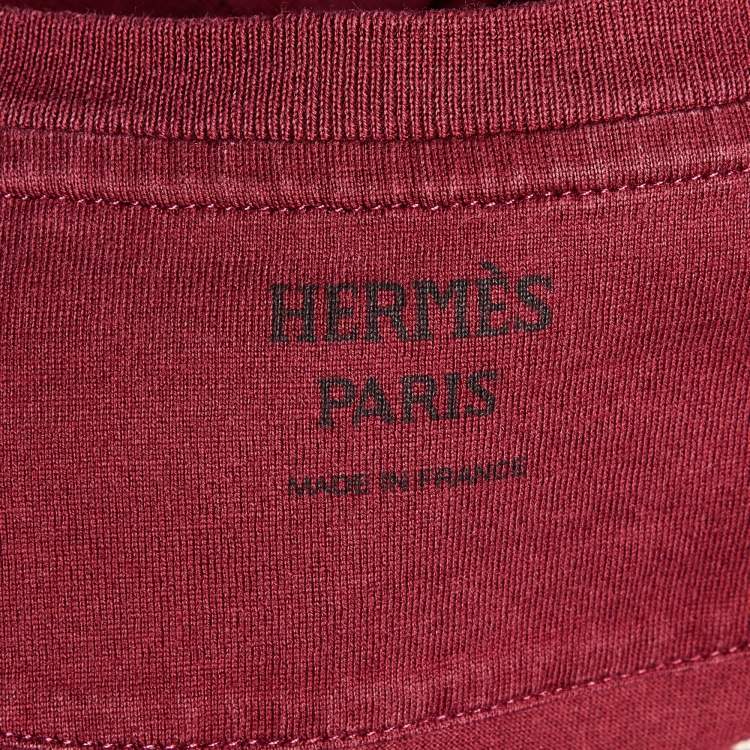 Pre Owned Hermes Maroon Couvertures et Tenues Print Cotton Crew Neck T-Shirt L