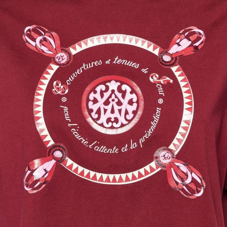 Pre Owned Hermes Maroon Couvertures et Tenues Print Cotton Crew Neck T-Shirt L