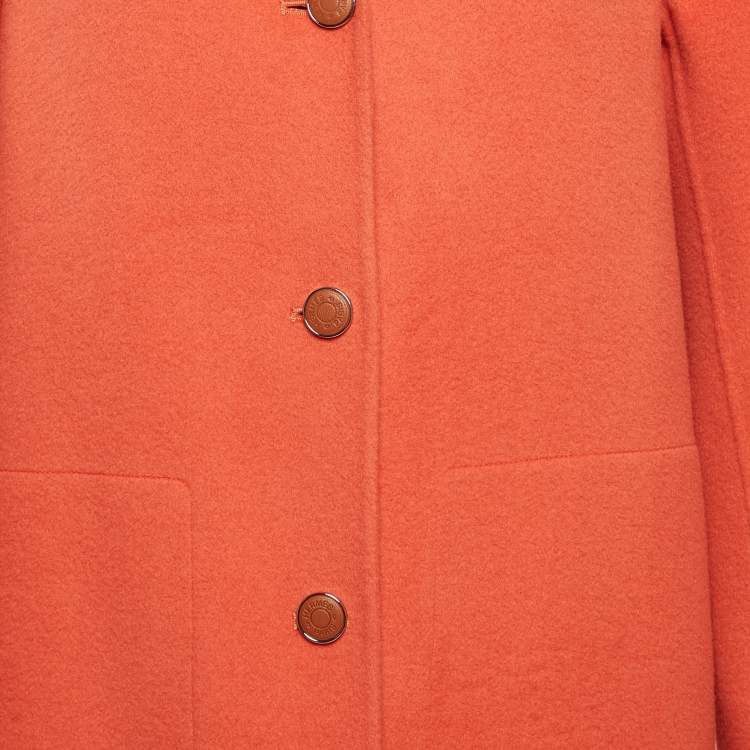 Pre Owned Hermes Orange Felt Single Breasted Mid-Length Coat M