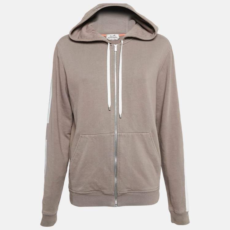 Pre Owned Hermes Brown Cotton Knit Paneled Hoodie Jacket S