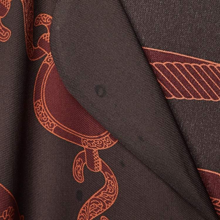 Pre Owned Hermes Brown Les Tambours Print Silk Tunic Midi Dress L