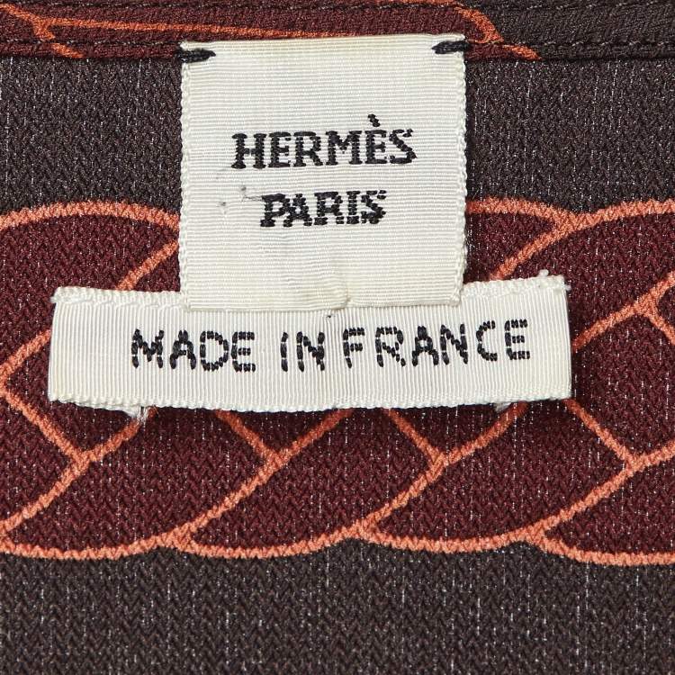Pre Owned Hermes Brown Les Tambours Print Silk Tunic Midi Dress L