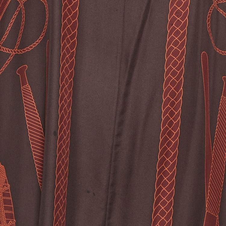 Pre Owned Hermes Brown Les Tambours Print Silk Tunic Midi Dress L