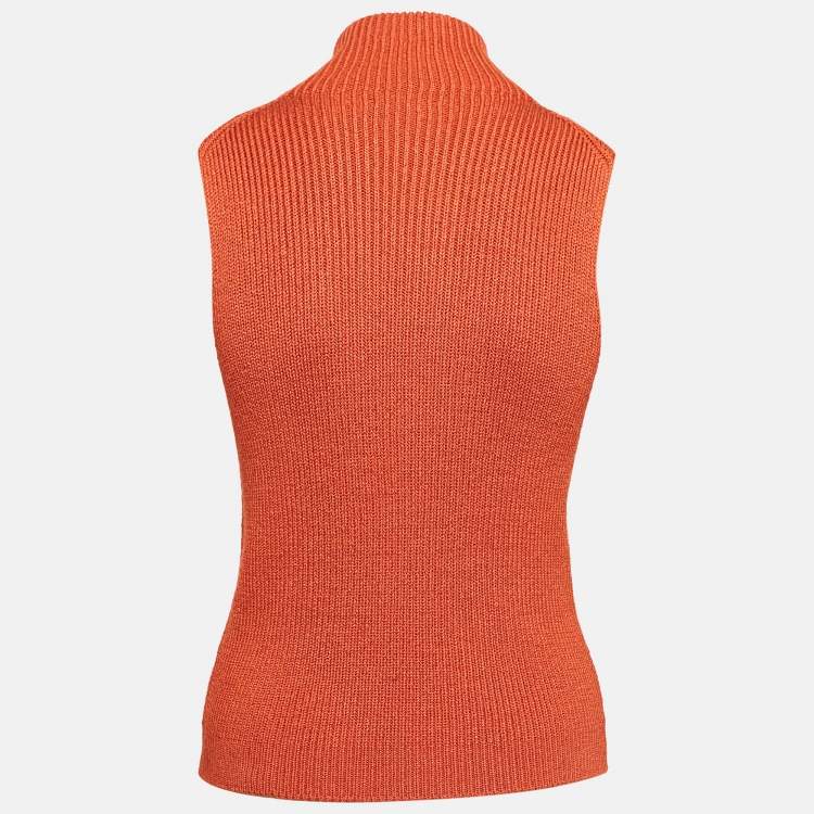 Pre Owned Hermès Orange Rib Knit Plunging Neck Sweater Vest S/M
