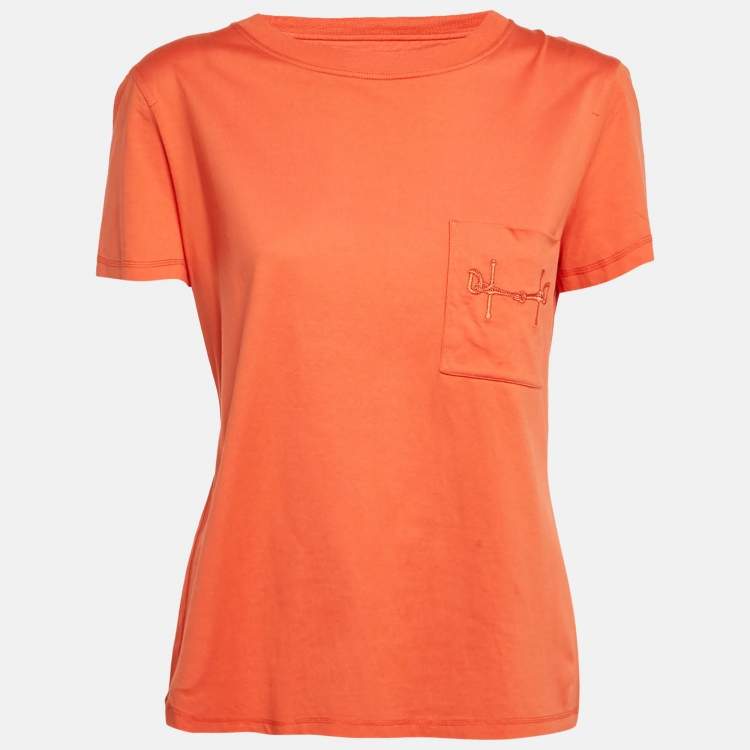 Pre Owned Hermes Orange Jersey Embroidered Pocket Detailed T-Shirt M