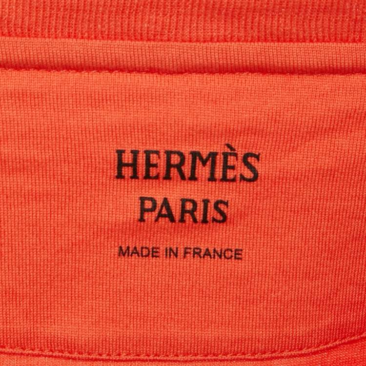 Pre Owned Hermes Orange Jersey Embroidered Pocket Detailed T-Shirt M