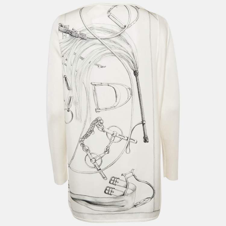 Pre Owned Hermes White Printed Silk and Knit Projets Carre au Crayon Top L