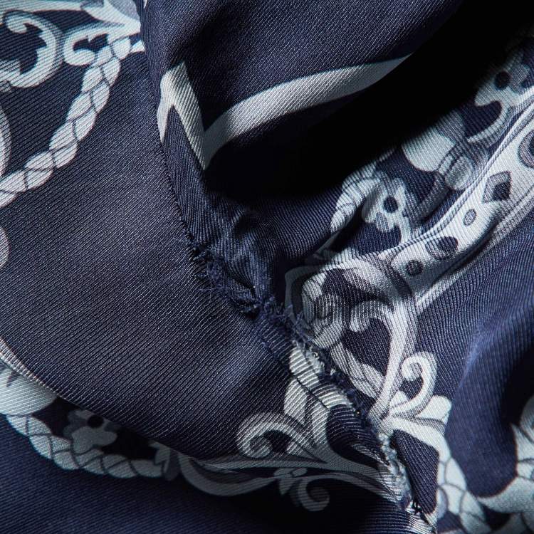 Pre Owned Hermes Navy Blue Printed Silk Kaftan Midi Dress M