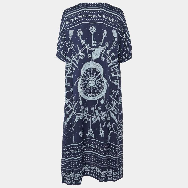 Pre Owned Hermes Navy Blue Printed Silk Kaftan Midi Dress M