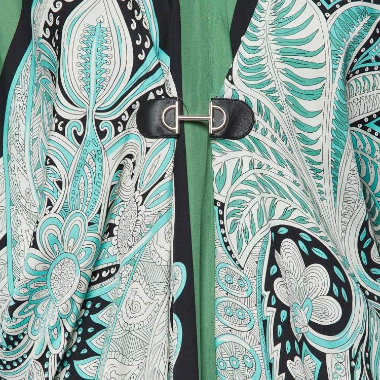Pre Owned Hermes Green Printed Silk Kimono Maxi Dress M