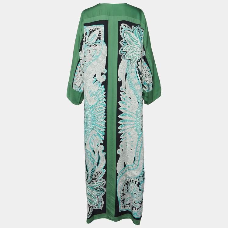 Pre Owned Hermes Green Printed Silk Kimono Maxi Dress M