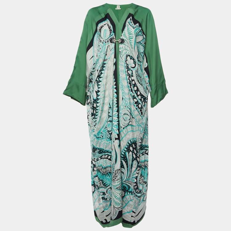 Pre Owned Hermes Green Printed Silk Kimono Maxi Dress M