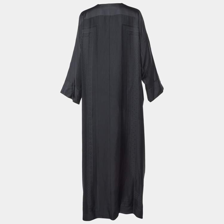 Pre Owned Hermes Black Jacquard Silk Kimono Maxi Dress M
