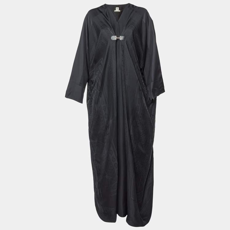 Pre Owned Hermes Black Jacquard Silk Kimono Maxi Dress M
