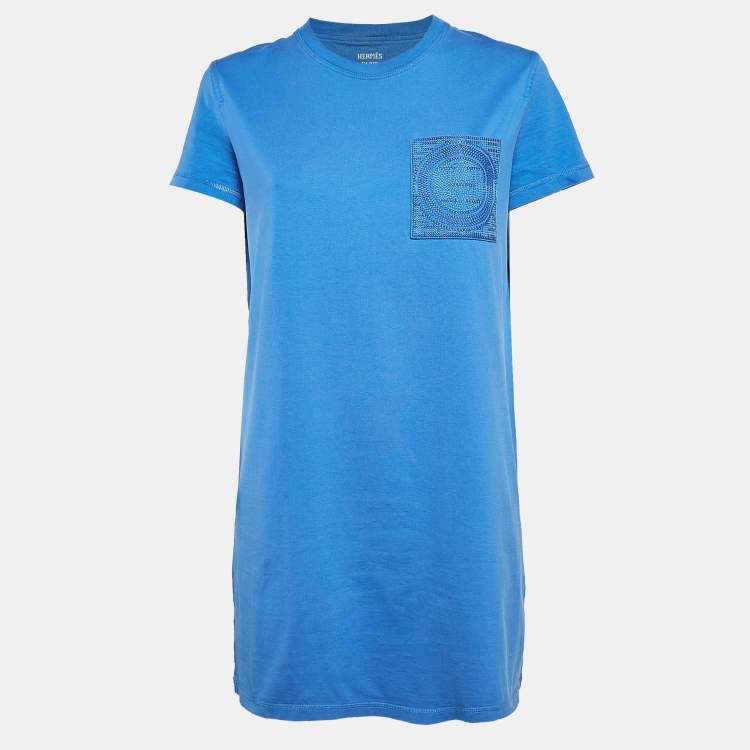 Pre Owned Hermes Blue Cotton Knit Embroidered Pocket Tunic M