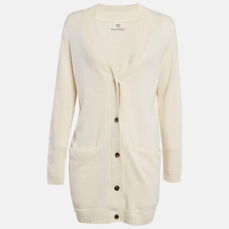 Pre Owned Hermes Cream Cashmere Button Front Long Cardigan M