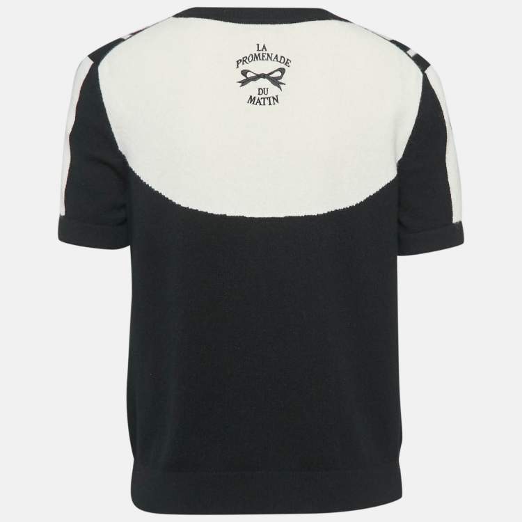 Pre Owned Hermes Black/White Patterned Cashmere Knit Crew Neck T-Shirt L