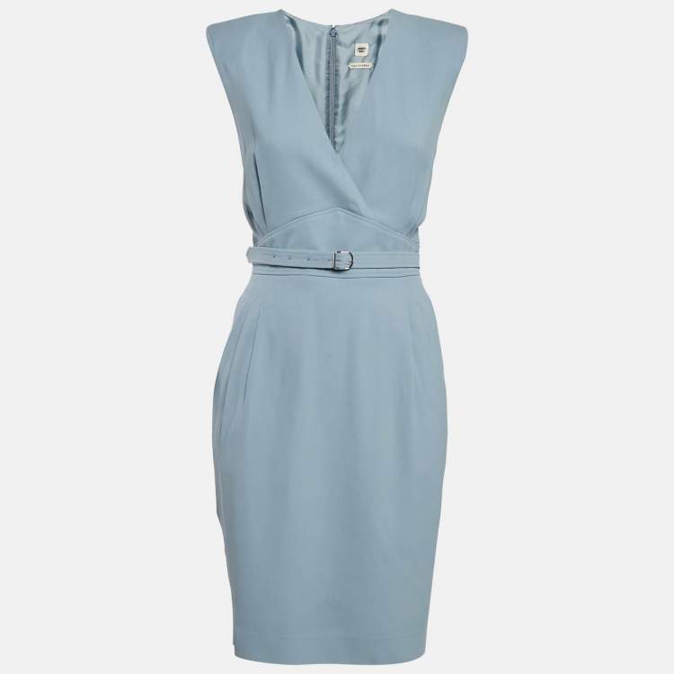 Pre Owned Hermès Blue Crepe Belted Sleeveless Mini Dress L