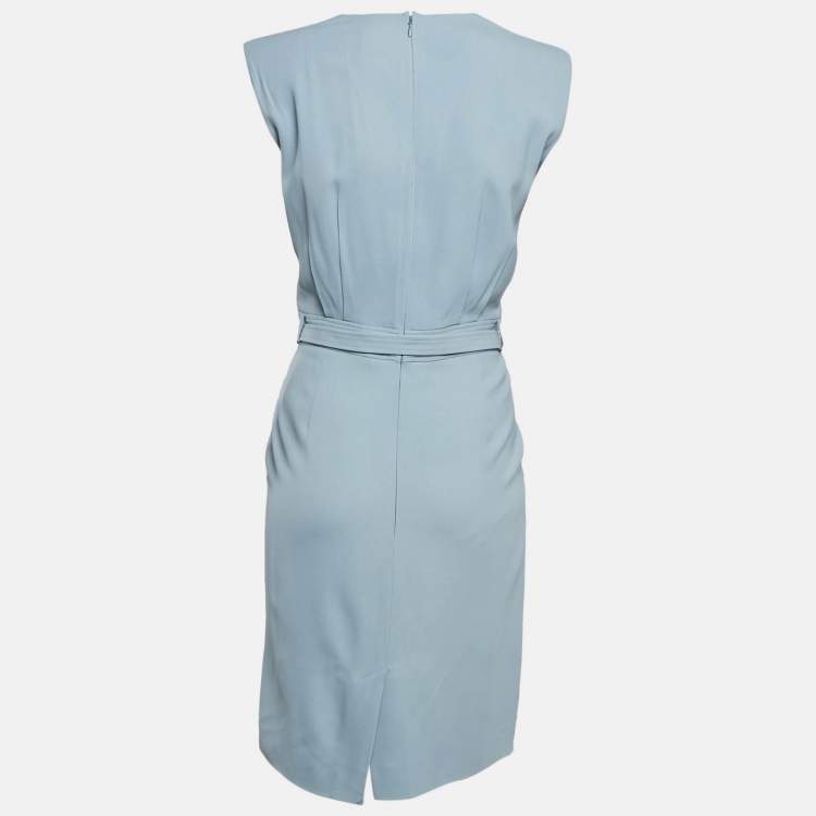 Pre Owned Hermès Blue Crepe Belted Sleeveless Mini Dress L
