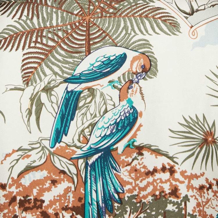 Pre Owned Hermes Beige Aloha Print Linen Knit and Silk V-Neck Blouse L