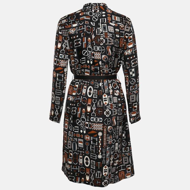 مملوكة مسبقًا Hermes Navy Blue Printed Silk Carré en Boucles Shirt Dress M