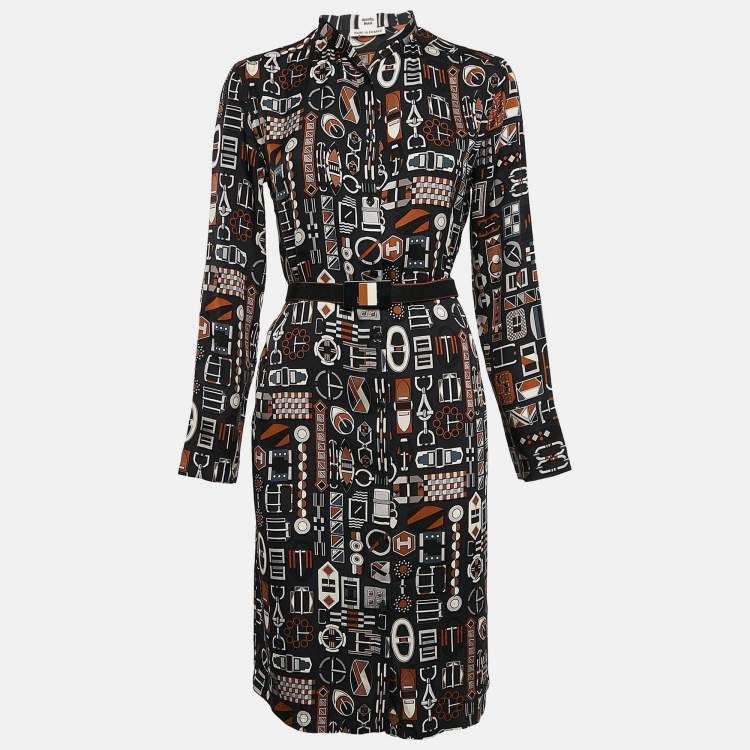 مملوكة مسبقًا Hermes Navy Blue Printed Silk Carré en Boucles Shirt Dress M