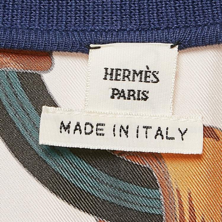 Pre Owned Hermes Blue Printed Silk and Knit Button Front Cardigan M