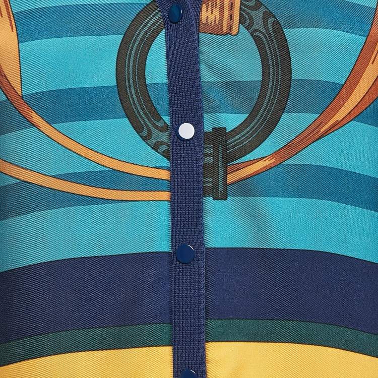 Pre Owned Hermes Blue Printed Silk and Knit Button Front Cardigan M