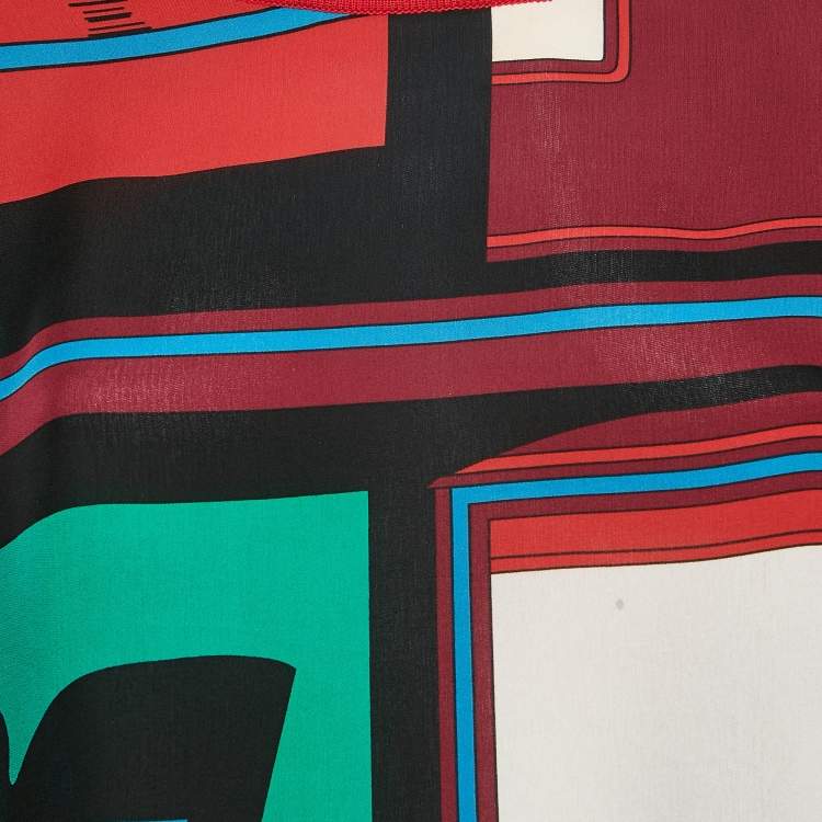 Pre Owned Hermes Red Printed Silk and Knit Long Sleeve Top L