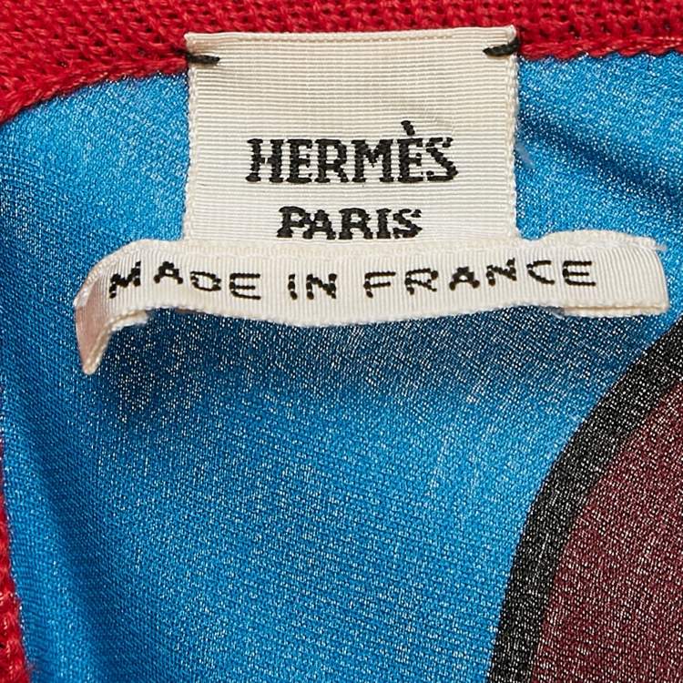 Pre Owned Hermes Red Printed Silk and Knit Long Sleeve Top L