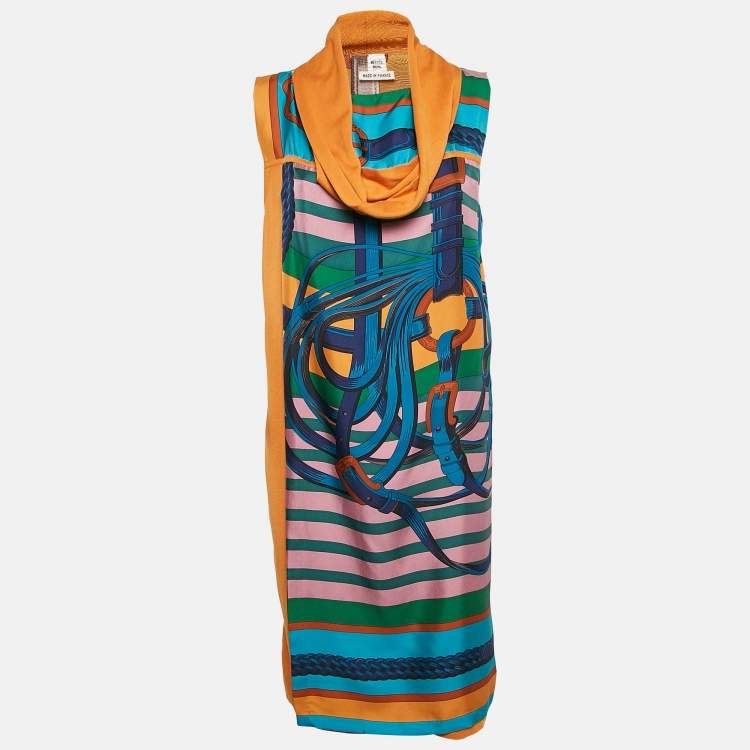 Pre Owned Hermès Blue/Brown Print Silk and Knit Sleeveless Shift Dress M