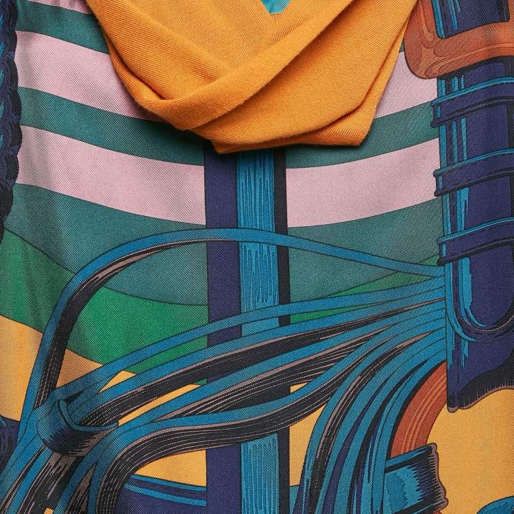 Pre Owned Hermès Blue/Brown Print Silk and Knit Sleeveless Shift Dress M