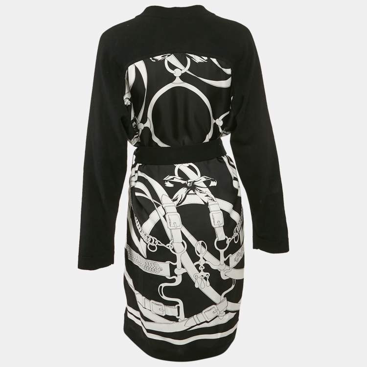 Pre Owned Hermes Black Promenade du Matin Remix Print Silk and Wool Knit Long Twillaine Cardigan M