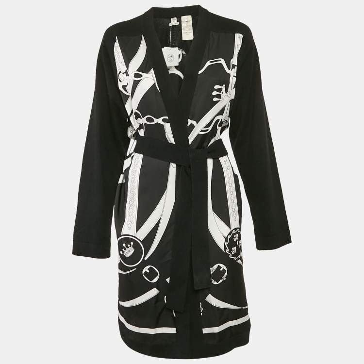 Pre Owned Hermes Black Promenade du Matin Remix Print Silk and Wool Knit Long Twillaine Cardigan M
