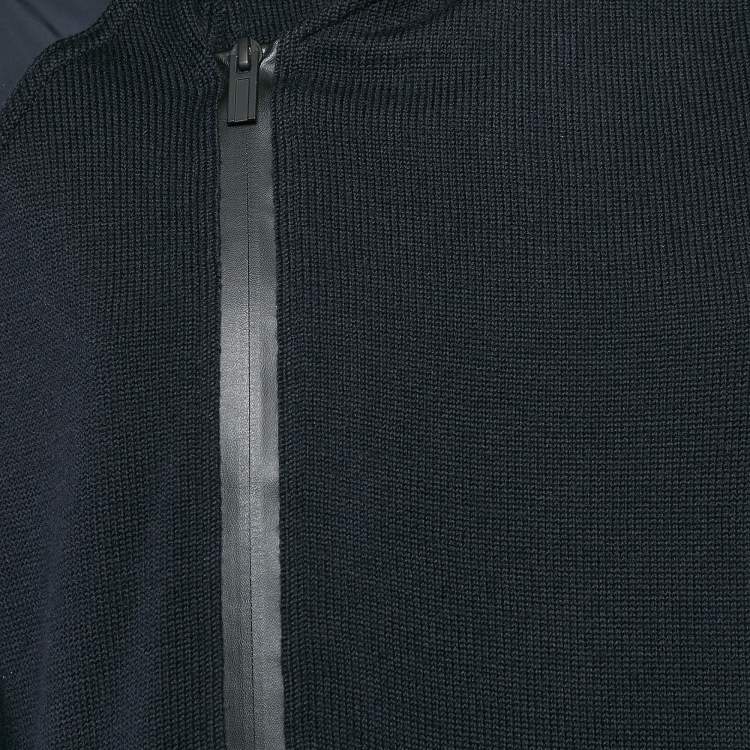 Pre Owned Hermes Navy Blue Wool Knit and Polyamide Zip-Up Hooded Jacket M