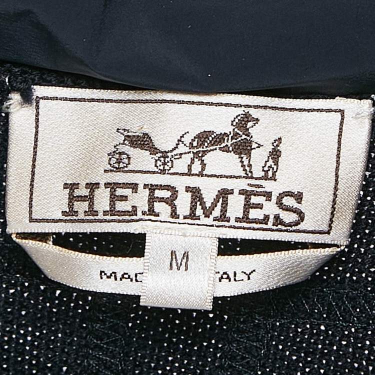 Pre Owned Hermes Navy Blue Wool Knit and Polyamide Zip-Up Hooded Jacket M