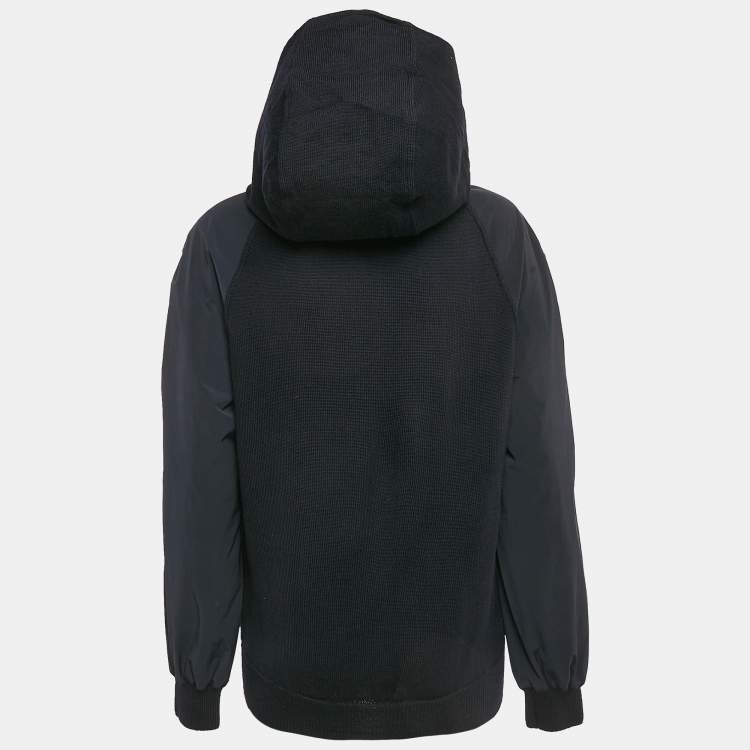 Pre Owned Hermes Navy Blue Wool Knit and Polyamide Zip-Up Hooded Jacket M