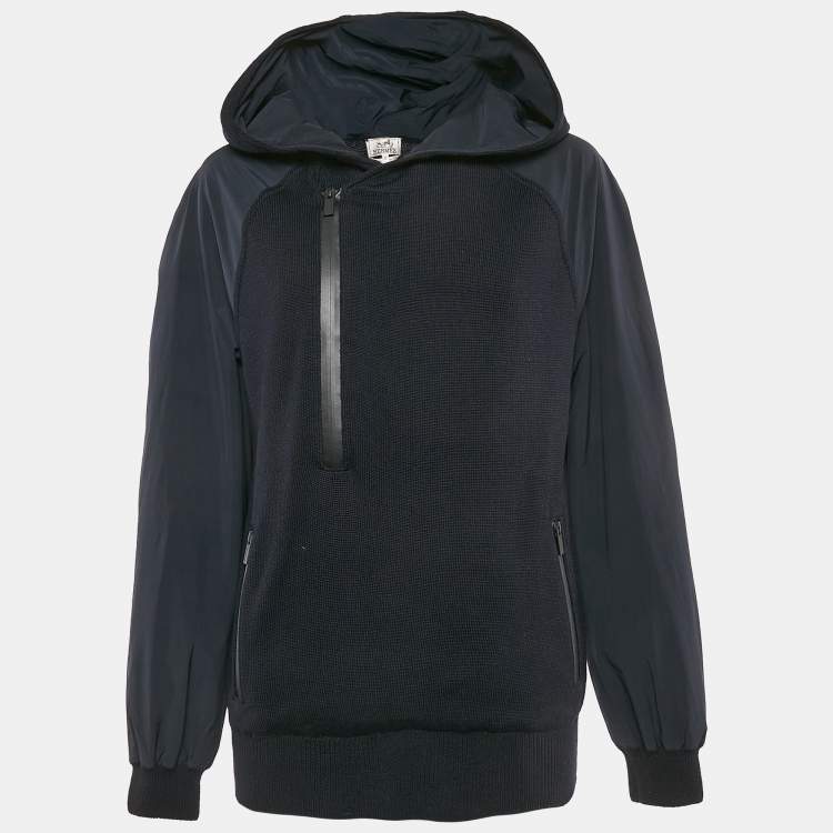 Pre Owned Hermes Navy Blue Wool Knit and Polyamide Zip-Up Hooded Jacket M