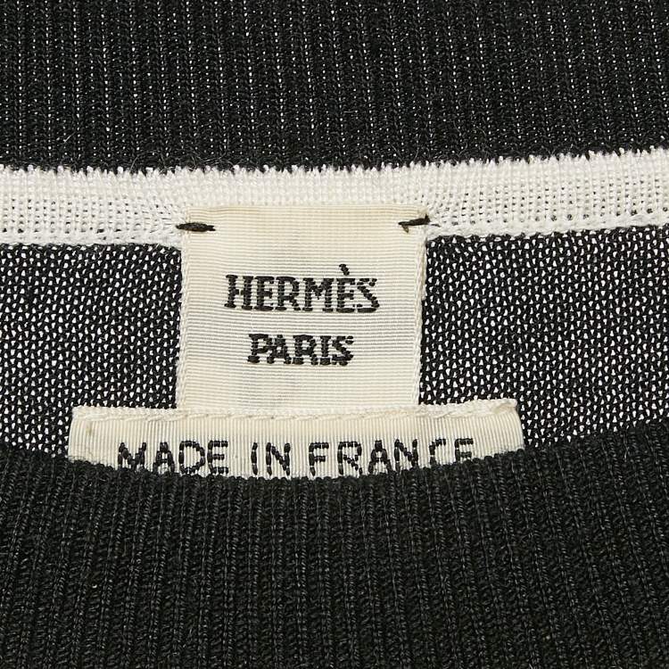 Pre Owned Hermes Black/White Silk and Knit Long Sleeve Top M