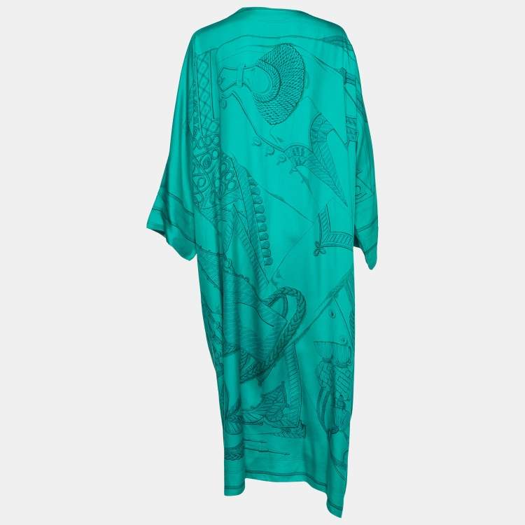Pre Owned Hermes Green Printed Silk Gathered Kaftan Dress L