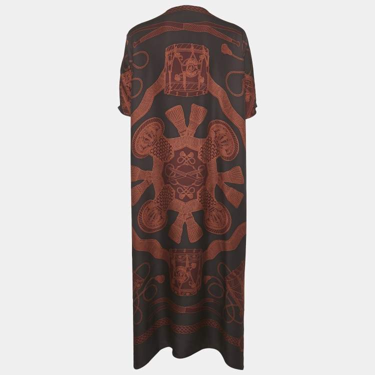 Pre Owned Hermes Brown Printed Silk Les Tambours Tunic Midi Dress S
