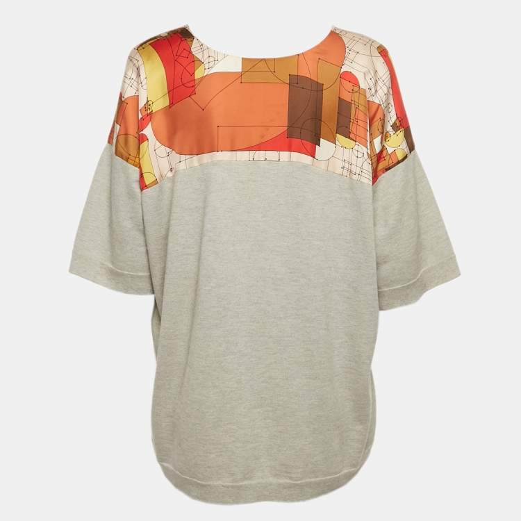 Pre Owned Hermes Grey/Multicolor Geometric Print Silk and Cotton Knit Top S