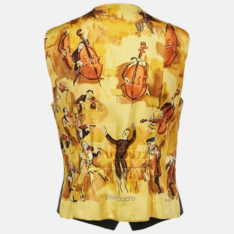 Pre Owned Hermes Black/Yellow Printed Crepe and Leather Vest L