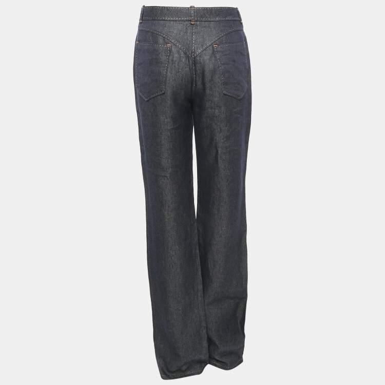 Pre Owned Hermes Blue Linen Wide Leg Pants M