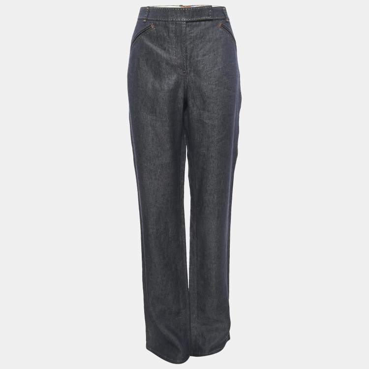 Pre Owned Hermes Blue Linen Wide Leg Pants M